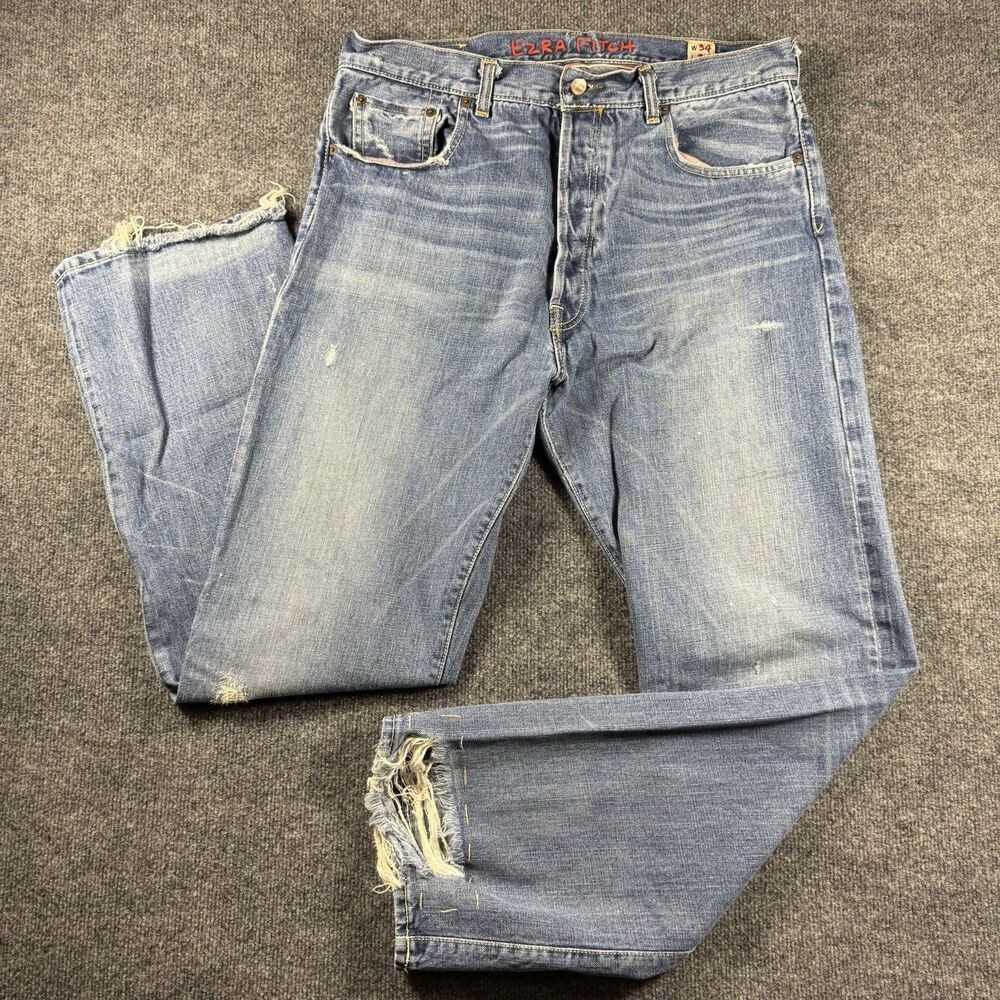 VTG Ezra Fitch Thrashed Selvedge Jeans 34x34 Distressed Y2K Grunge Button Fly